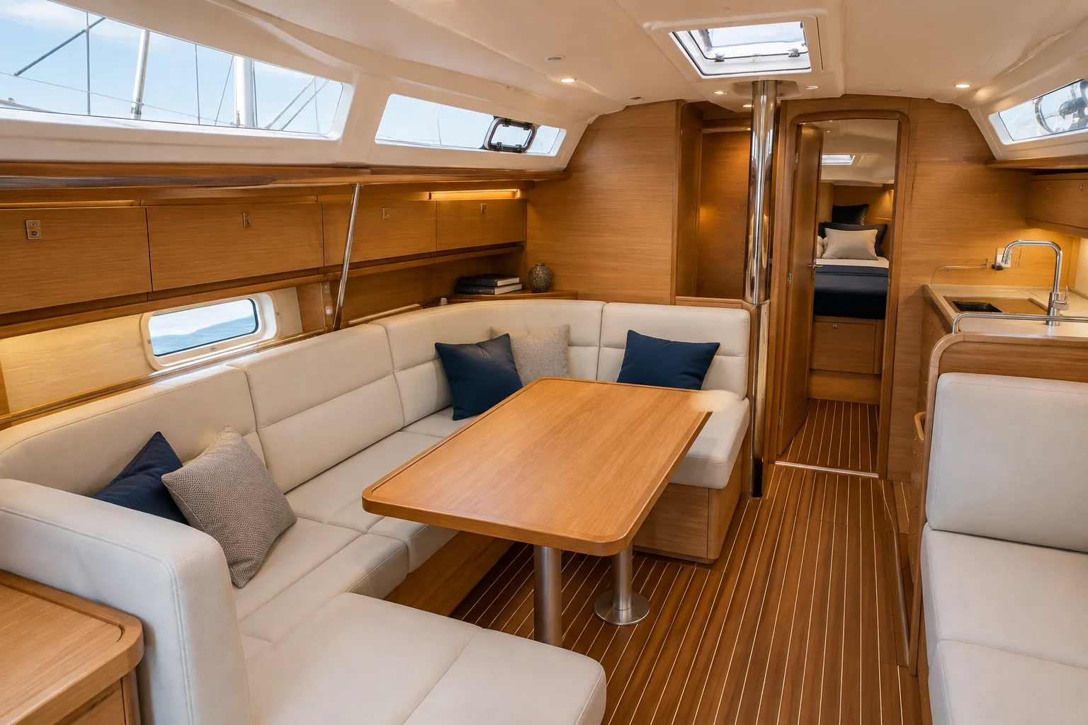 Carré de voilier avec banquettes et table en bois, sellerie sur mesure
