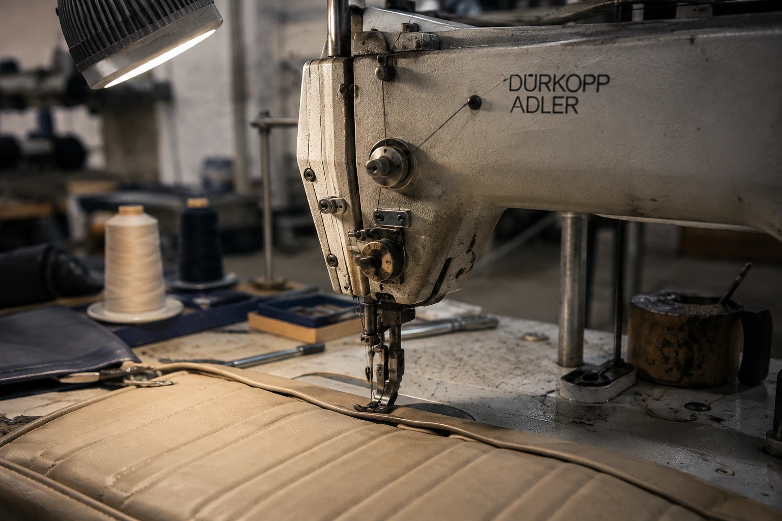 Atelier de confection de sellerie nautique, machine à coudre industrielle et tissu marin