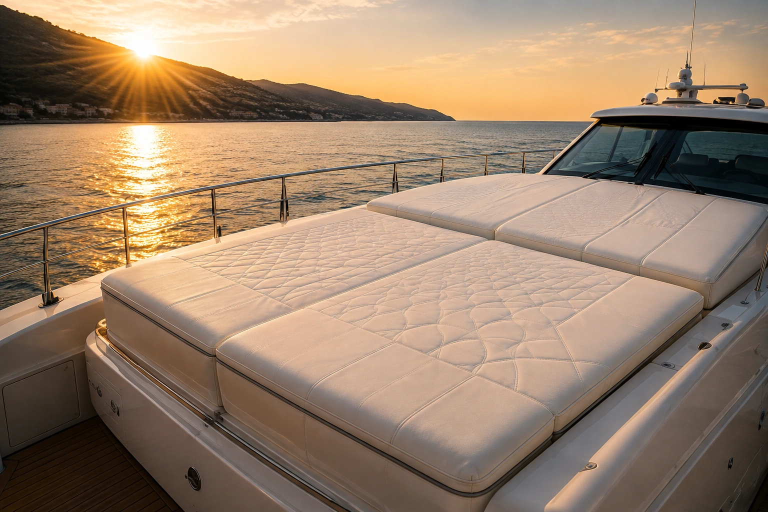 Bain de soleil de bateau au coucher du soleil