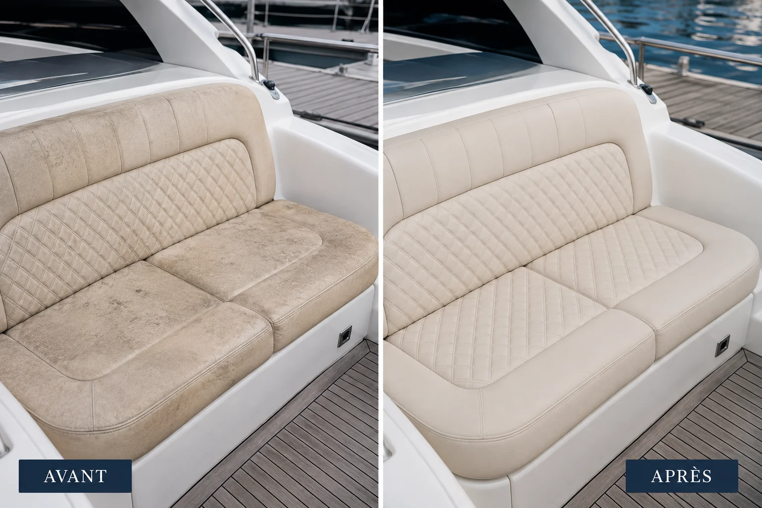 Banquette de bateau avant et après rénovation complète de la sellerie