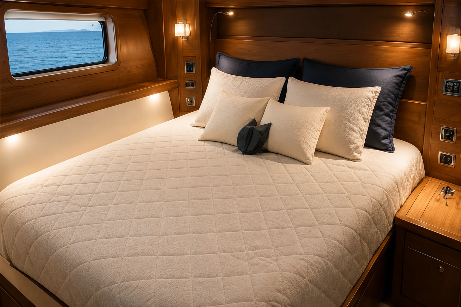 Couchette de cabine habillée de matelas et coussins sur mesure