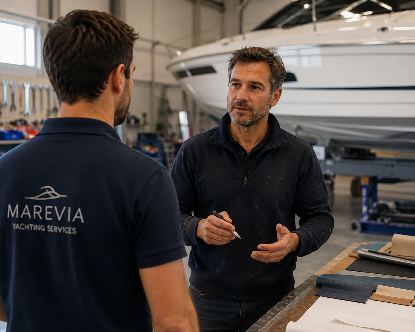 Sellier MAREVIA échangeant avec un professionnel du nautisme devant un bateau en atelier