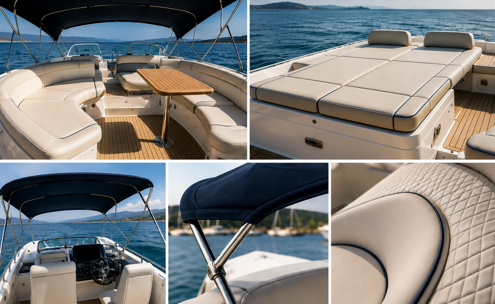 Composition de sellerie nautique sur mesure : cockpit, bain de soleil, bimini et détails de finition