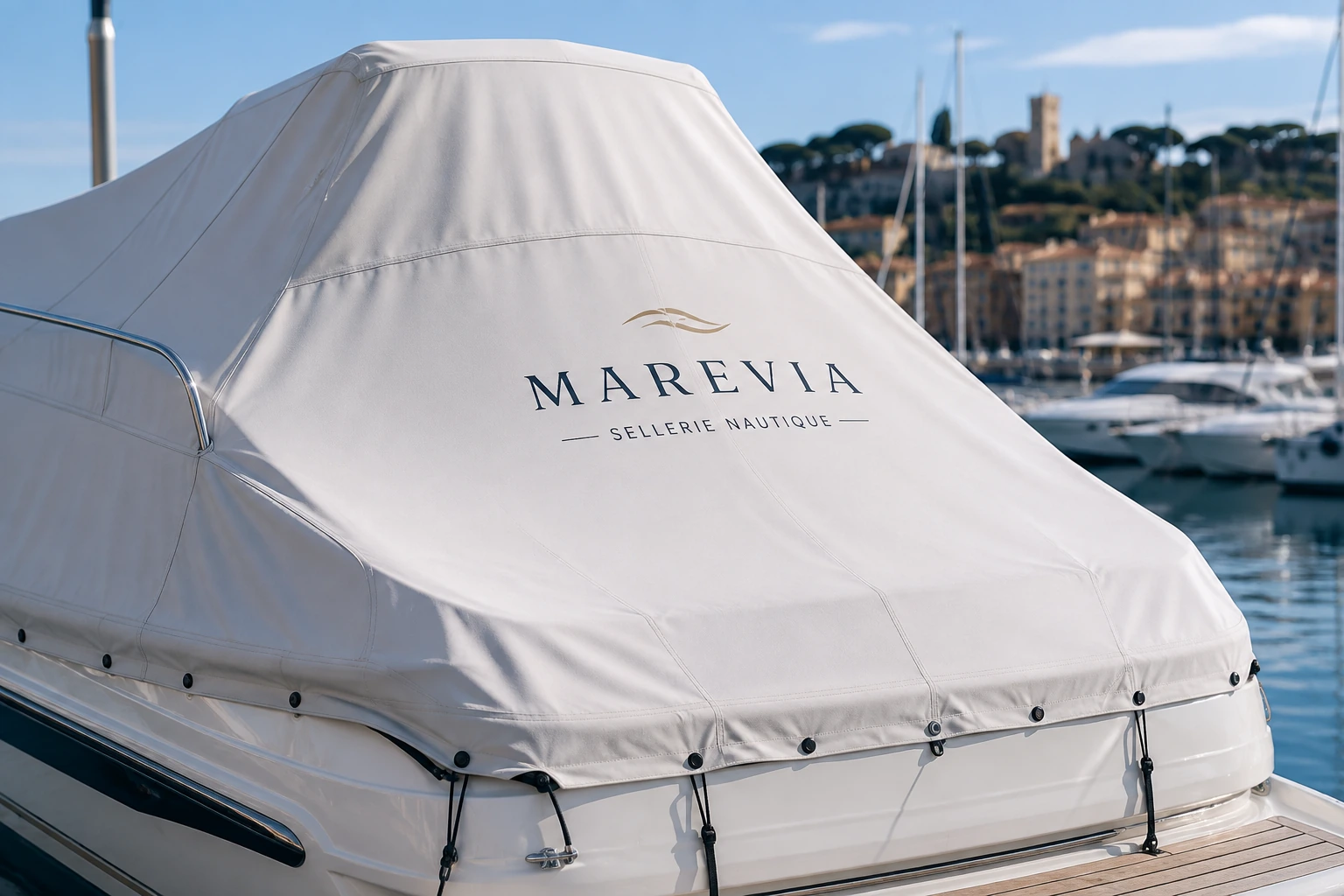 Taud de mouillage beige réalisé sur mesure sur un bateau amarré au port