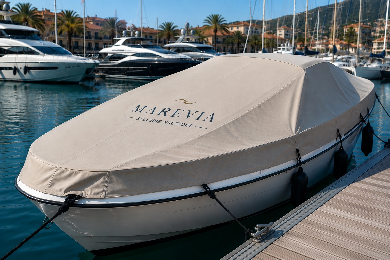 Taud de mouillage beige réalisé sur mesure sur un bateau amarré au port